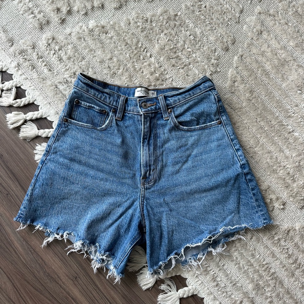 Abercrombie & Fitch Distressed High-Waist Denim Shorts - Blue